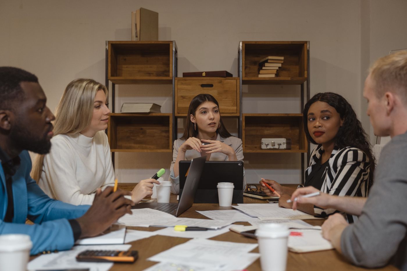 Multicultural team collaborating in a strategy meeting